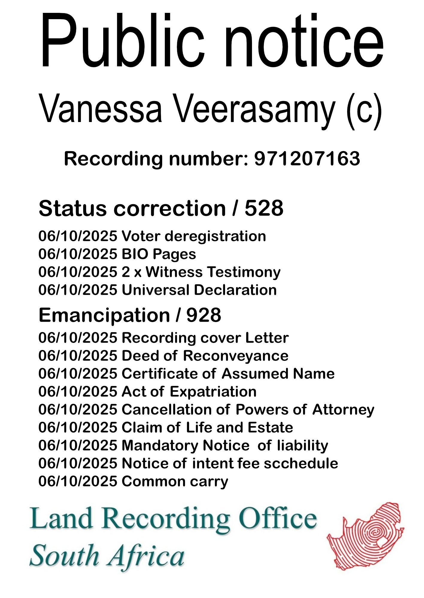 Public Notice Vanessa Veerasamy Recording Number 971207163